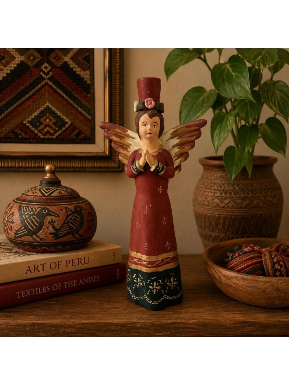 Peruvian Hand Painted Terra Cotta Angel Candle Holder Folk Art Red